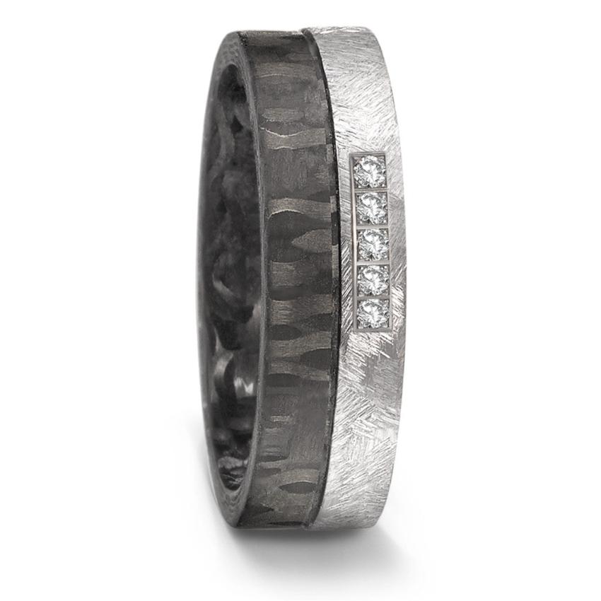 tantalum and forged carbon fibre wedding ring band 6mm wide with 5 diamonds set in the tantalum. brushed finish