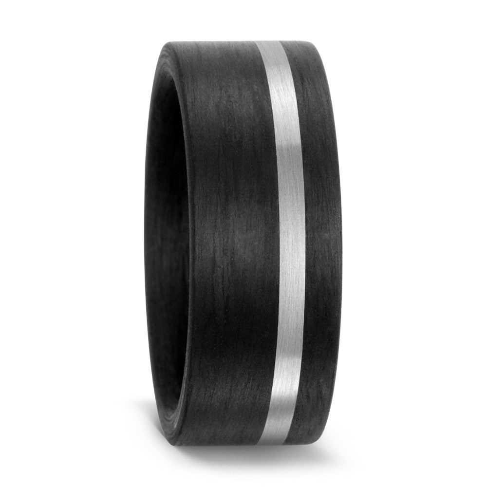 carbon fibre black wedding ring band with a palladium inlay. brushed finish 8mm wide flat court