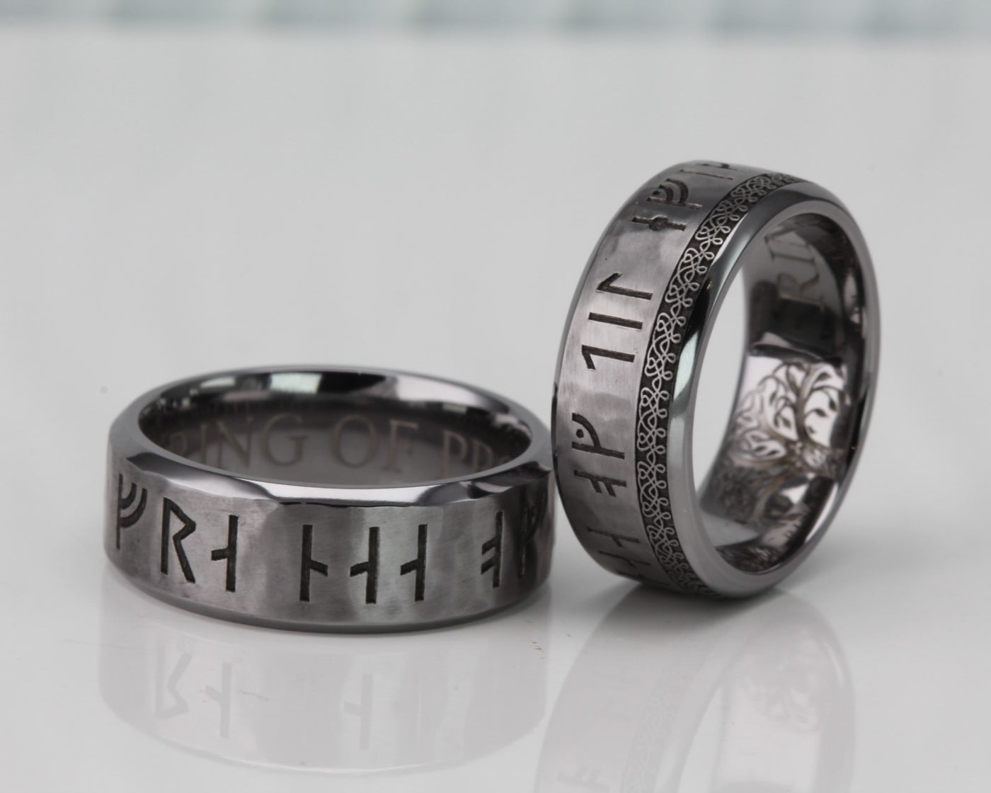 Custom Tantalum Wedding Ring Set, Bevelled edge with Viking runes and Custom Engraving