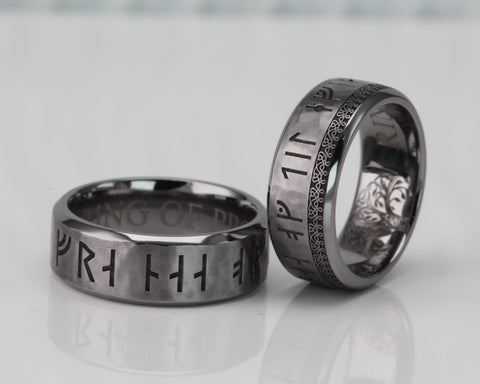 Custom Tantalum Wedding Ring Set, Bevelled edge with Viking runes and Custom Engraving