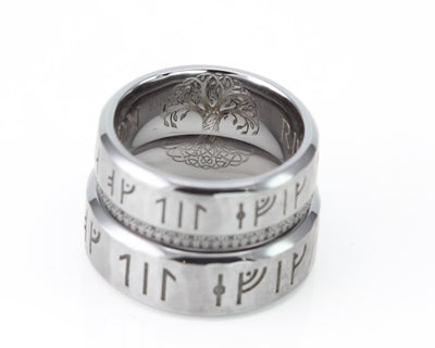 Custom Tantalum Wedding Ring Set, Bevelled edge with Viking runes and Custom Engraving