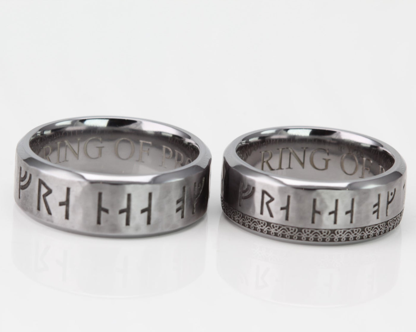 Custom Tantalum Wedding Ring Set, Bevelled edge with Viking runes and Custom Engraving