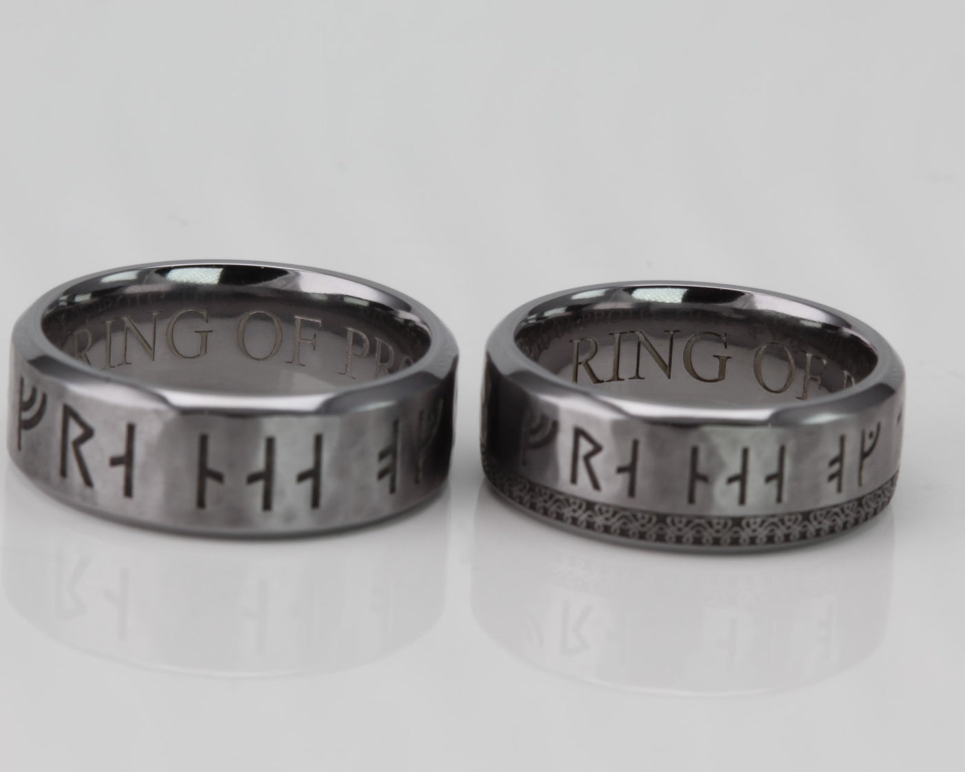 Custom Tantalum Wedding Ring Set, Bevelled edge with Viking runes and Custom Engraving