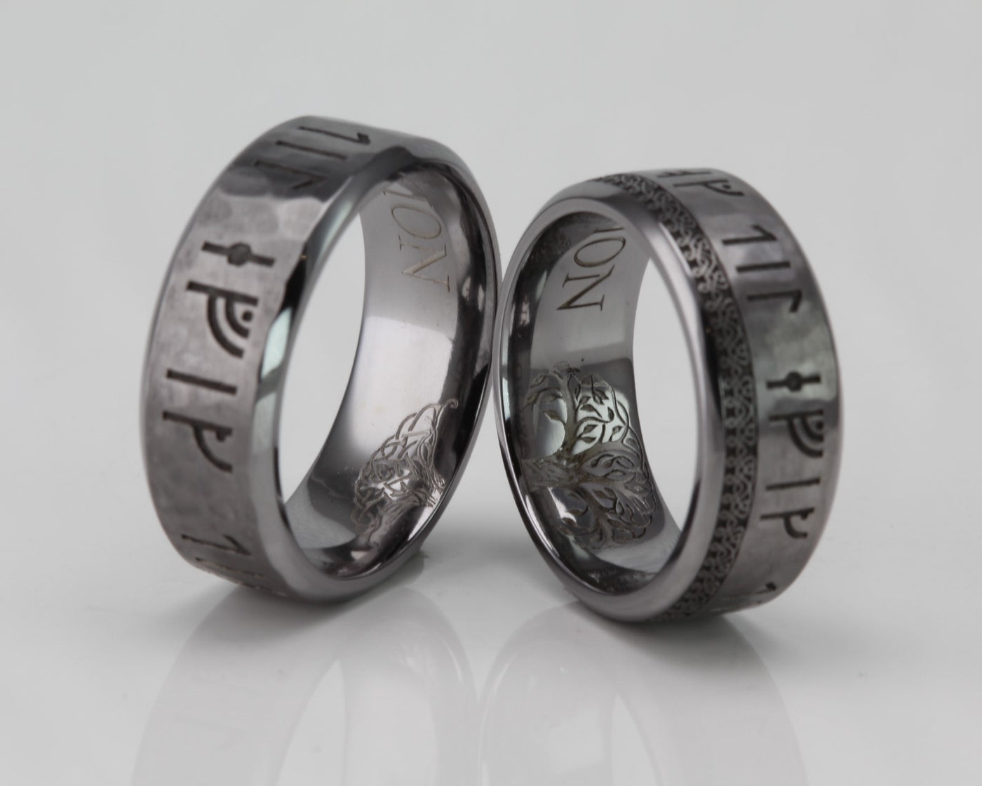 Custom Tantalum Wedding Ring Set, Bevelled edge with Viking runes and Custom Engraving