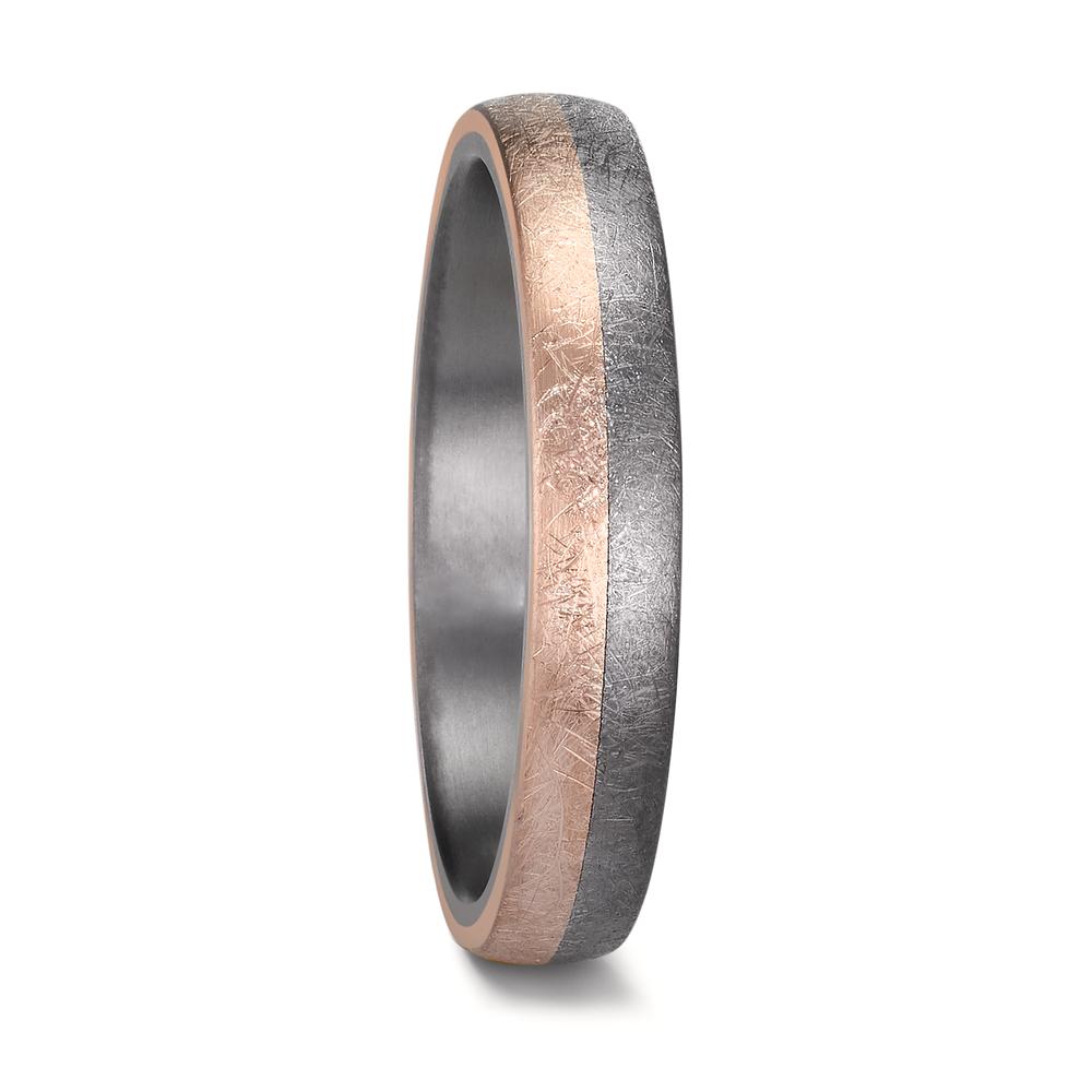 "Men's tantalum wedding ring with a comfort-fit design. The band features a striking half-and-half swirl pattern, where one side showcases matte-finish 14K rose gold, seamlessly blending into the other half with brushed tantalum for a bold yet sophisticated contrast.