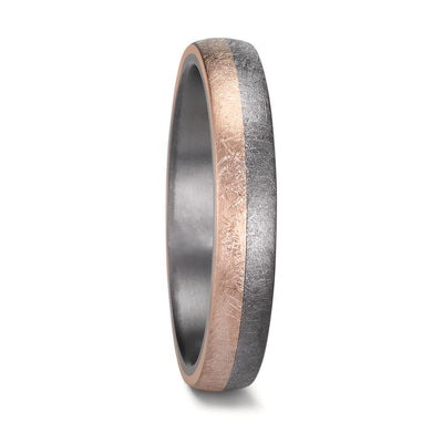 "Men's tantalum wedding ring with a comfort-fit design. The band features a striking half-and-half swirl pattern, where one side showcases matte-finish 14K rose gold, seamlessly blending into the other half with brushed tantalum for a bold yet sophisticated contrast.