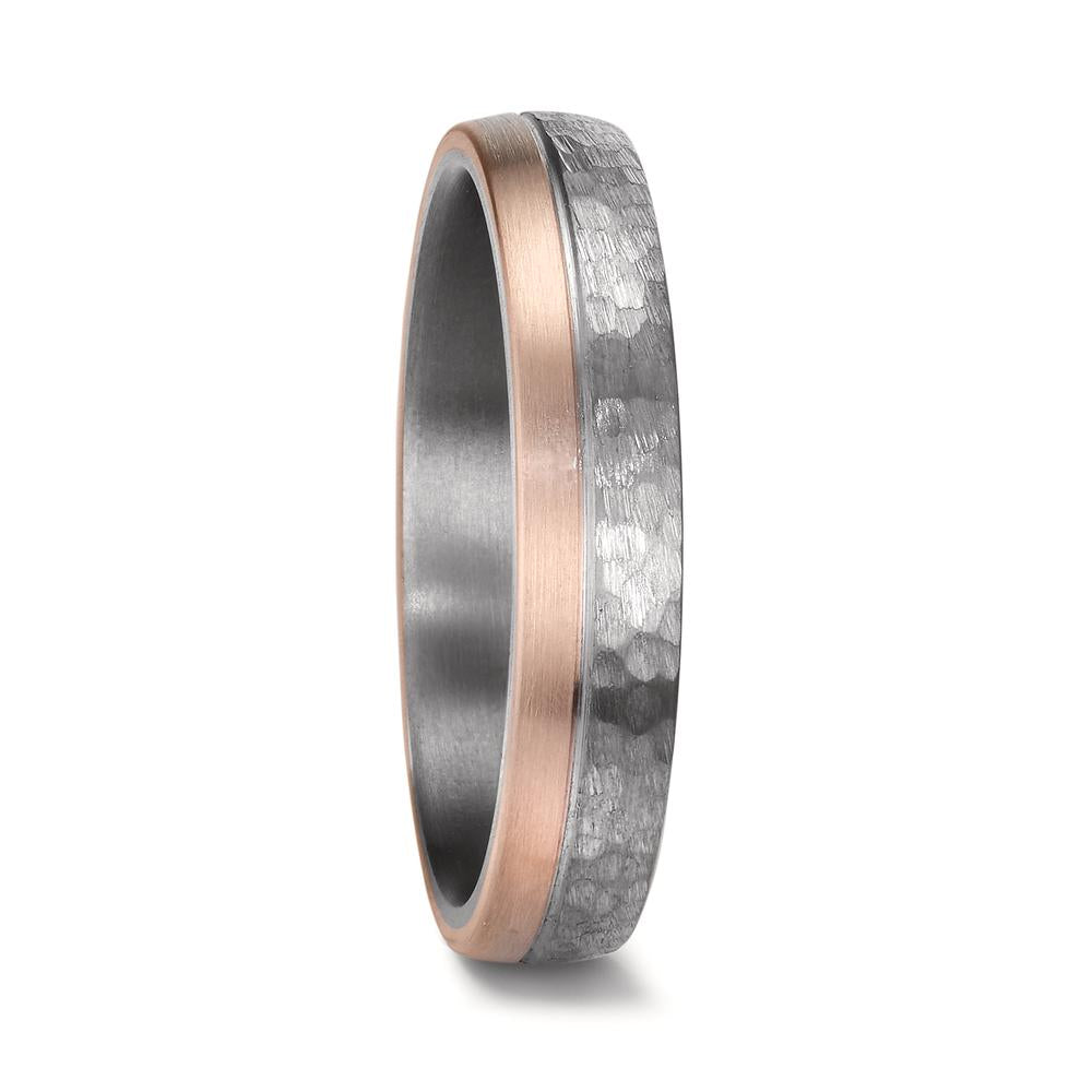 Men's hammered tantalum wedding ring with a solid 14K rose gold side accent. The 4.5mm comfort-fit band features a matte-finish hammered tantalum for a rugged look, contrasted by a brushed rose gold edge for a sleek, modern touch.