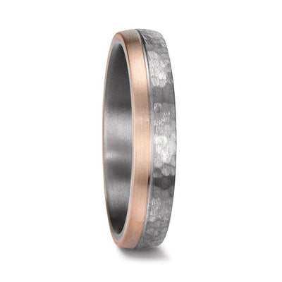 Men's hammered tantalum wedding ring with a solid 14K rose gold side accent. The 4.5mm comfort-fit band features a matte-finish hammered tantalum for a rugged look, contrasted by a brushed rose gold edge for a sleek, modern touch.