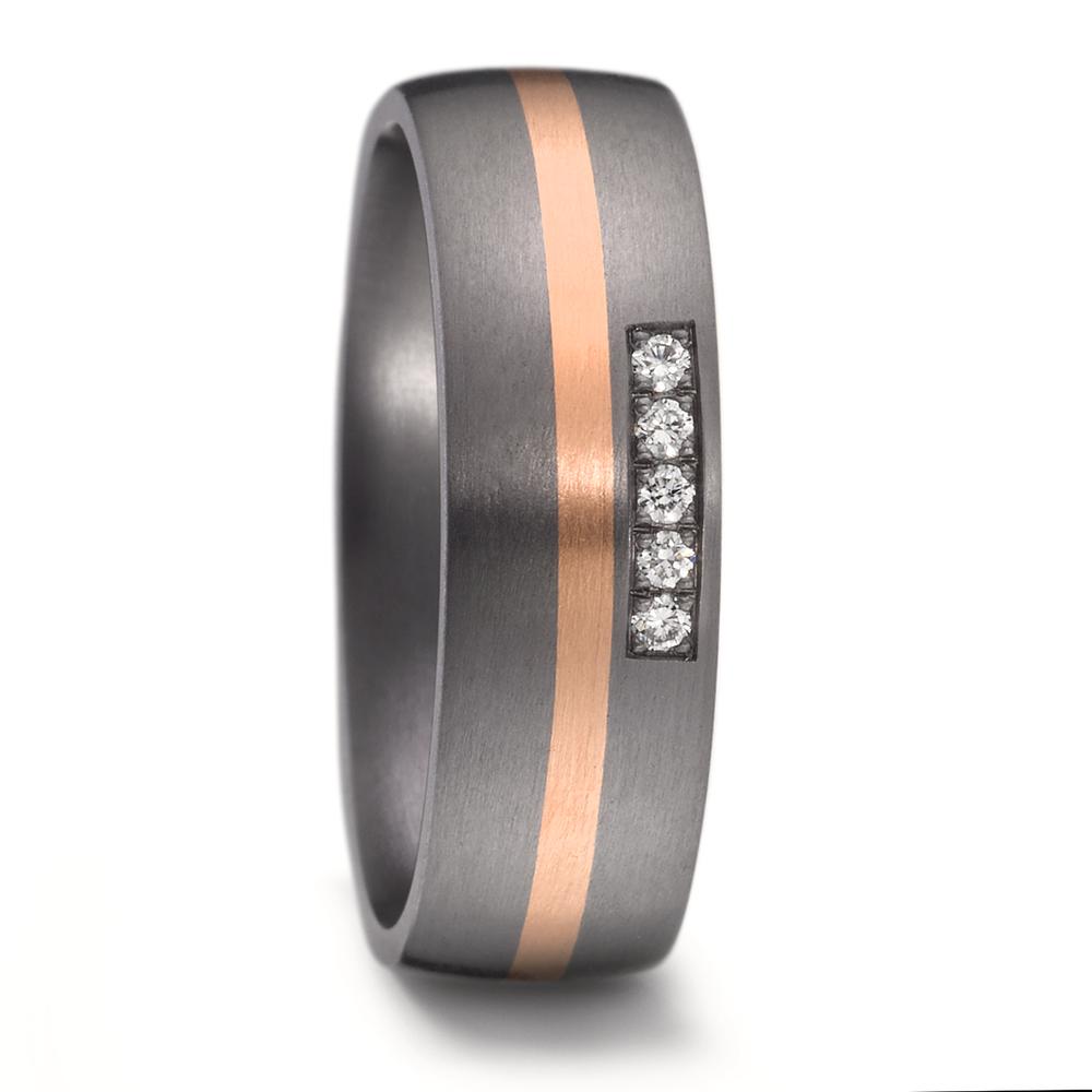 "Women's or unisex 6.5mm tantalum wedding ring with a comfort-fit design. The band features a sleek, central inlaid stripe of 14K rose gold, seamlessly fused with the tantalum for a smooth, modern finish. Five sparkling diamonds are elegantly set to the side within the tantalum, adding a subtle yet sophisticated touch of brilliance.