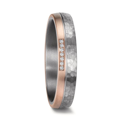 unisex hammered tantalum wedding ring with a solid 14K rose gold side accent, set with seven sparkling diamonds. The 4.5mm comfort-fit band features a rugged matte-finish hammered tantalum, contrasted by a brushed rose gold edge that elegantly showcases the diamonds