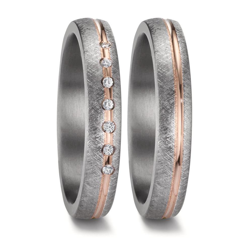 A matching wedding ring set crafted from tantalum and rose gold. The men's ring features a sleek, modern design with a central rose gold inlay, while the women's ring is adorned with five sparkling diamonds, complementing the warm rose gold accent set into the rich, dark tantalum
