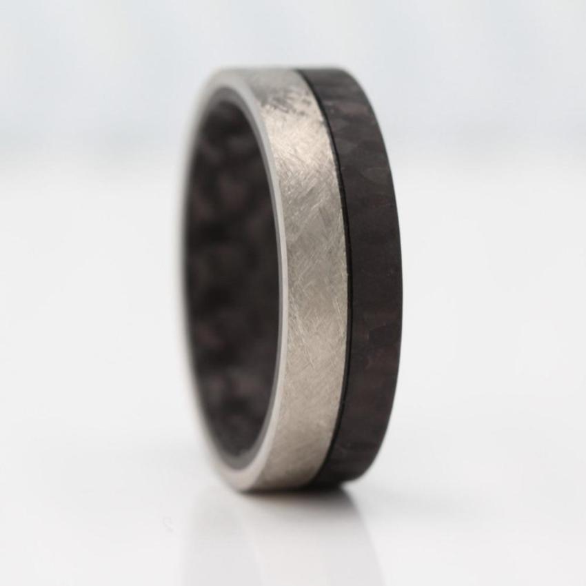 Titanium and forged carbon fibre wedding ring band. half black and half silver. scratched finish comfort fit flat court 8mm