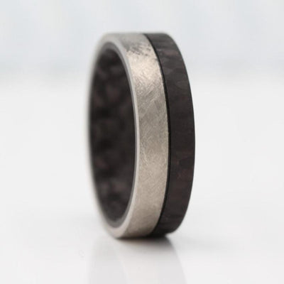 Titanium and forged carbon fibre wedding ring band. half black and half silver. scratched finish comfort fit flat court 8mm