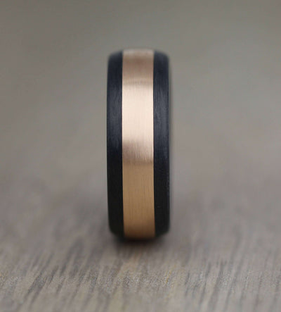 Black Carbon Fibre wedding Ring band & 14k Rose Gold Inlay