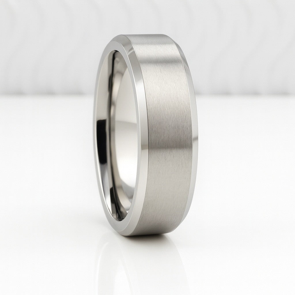 Men’s matte titanium wedding ring with polished bevelled edges, ultra comfort fit, available in 5mm, 6mm, and 7mm widths, UK sizes I to Z+4