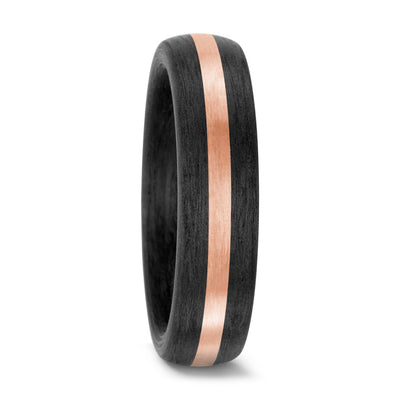 black carbon fibre wedding ring band. 6mm wide with a stripe of rose gold. black mans wedding ring uk