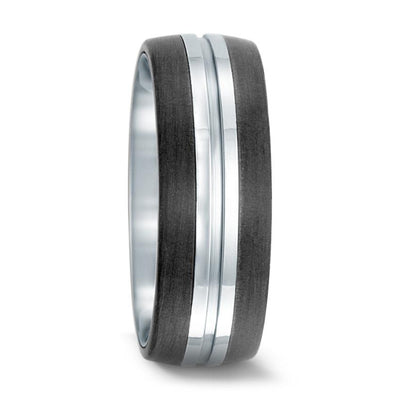 Stainless Steel & Carbon Fibre wedding ring - Centre groove, stepped centre design. 