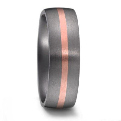 6mm wide tantalum wedding ring. With a 2mm central stripe of rose gold. Tantalum has a gunmetal colour. court shape