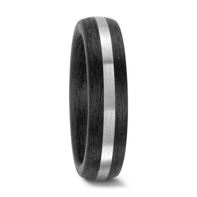 carbon fibre black wedding ring band with a palladium inlay. brushed finish 6mm wide court