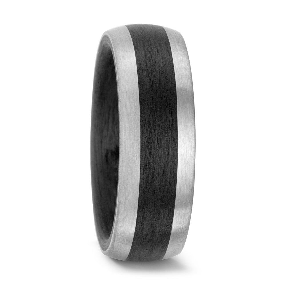 carbon fibre black wedding ring band with a palladium inlay. brushed finish 8mm wide flat court 6mm