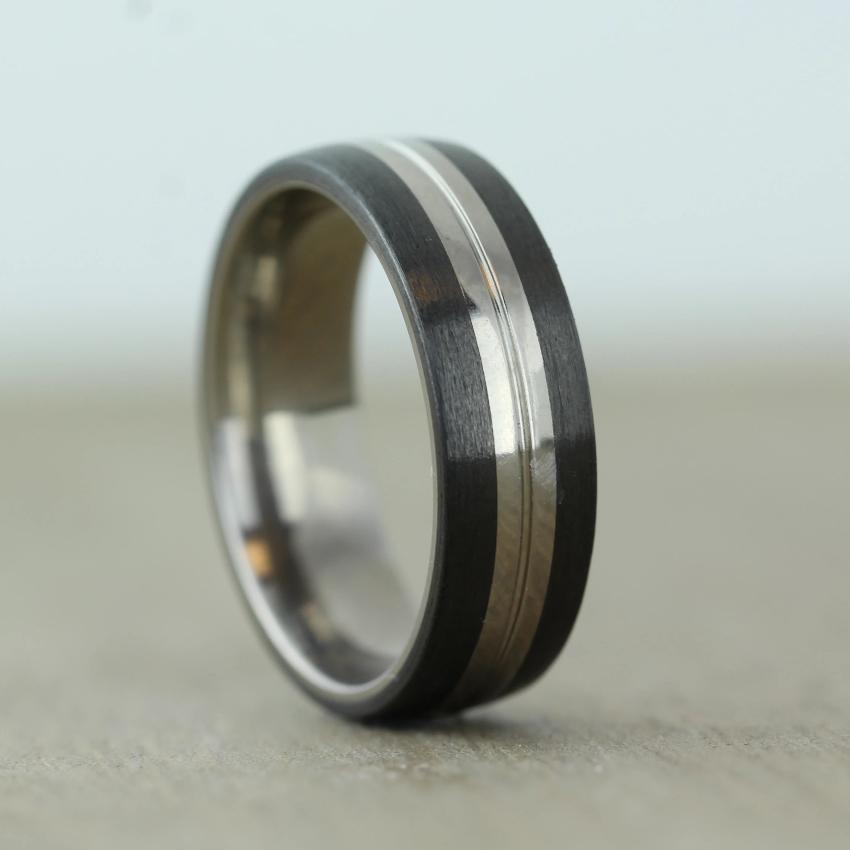 Polished Titanium & Carbon Fibre wedding Ring - alternative and hard wearing metal wedding band