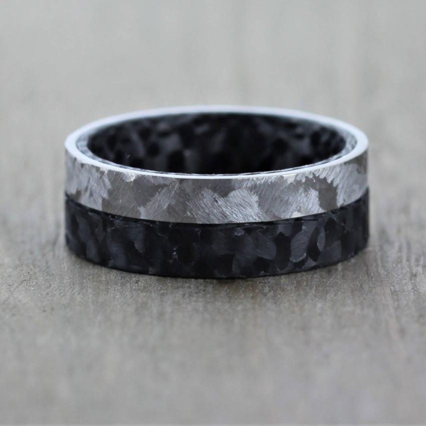 Textured Titanium and forged Carbon Fibre wedding ring. in 8mm wide. Black and Grey 